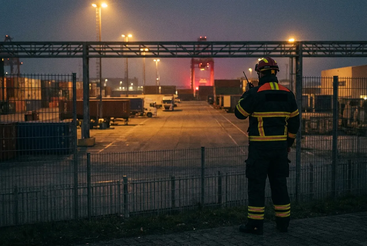Werkschutz: Sicherheitskraft sichert ein Industriegelände